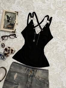 Rina Fox Women's Street Fashion Dark Goth Chain Strap Camisole - Black - View 1