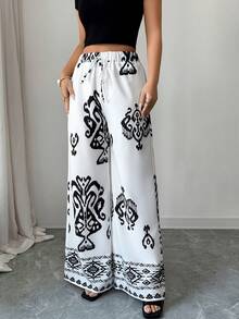 SHEIN Elenzya 女士复古印花宽松阔腿裤 - 白色 - 查看 3