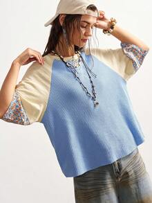 Bohemela 女士夏季休闲度假波西米亚乡村风撞色拼接圆领短袖宽松T恤 - 彩色 - 查看 1