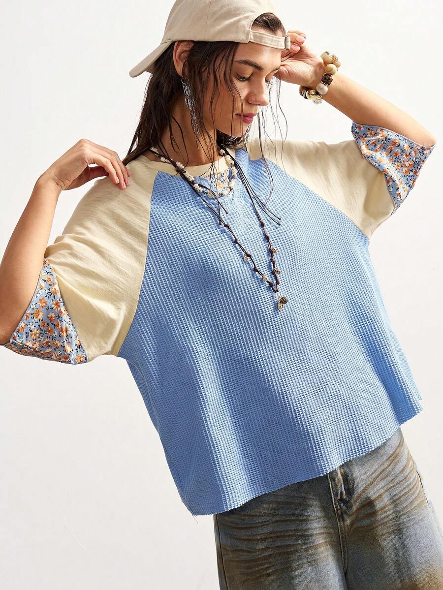 Bohemela 女士夏季休闲度假波西米亚乡村风撞色拼接圆领短袖宽松T恤 - 彩色 - 查看 1