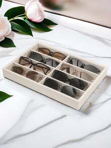 Sunglasses Storage Box, Beige Ice-Patterned Eyeglass Rack - Suitable For Both Men And Women (8 Compartments), 8 Ice-Patterned Compartments Are Used For Storing Glasses And Jewelry, Made Of Polyester Fiber Material. - Tray - View 1