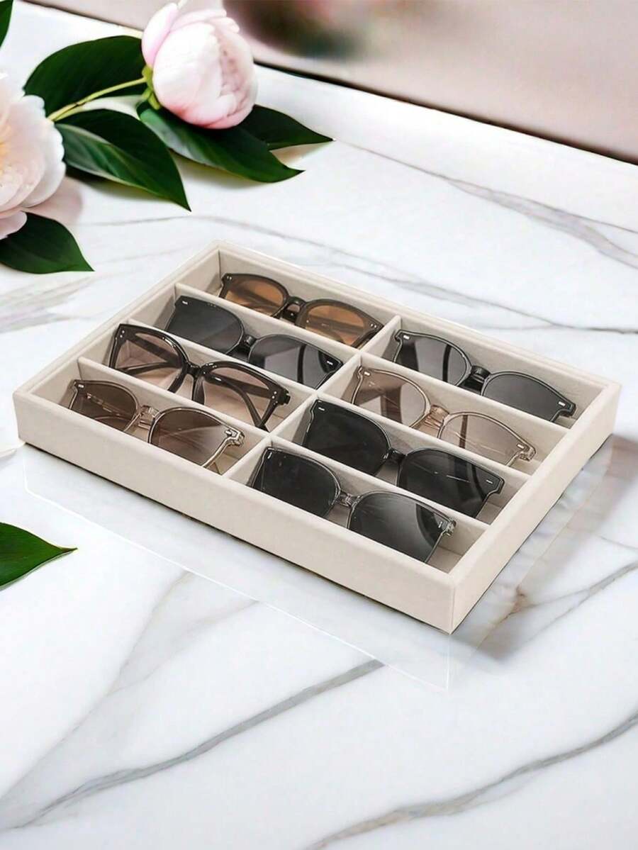 Sunglasses Storage Box, Beige Ice-Patterned Eyeglass Rack - Suitable For Both Men And Women (8 Compartments), 8 Ice-Patterned Compartments Are Used For Storing Glasses And Jewelry, Made Of Polyester Fiber Material. - Tray - View 1