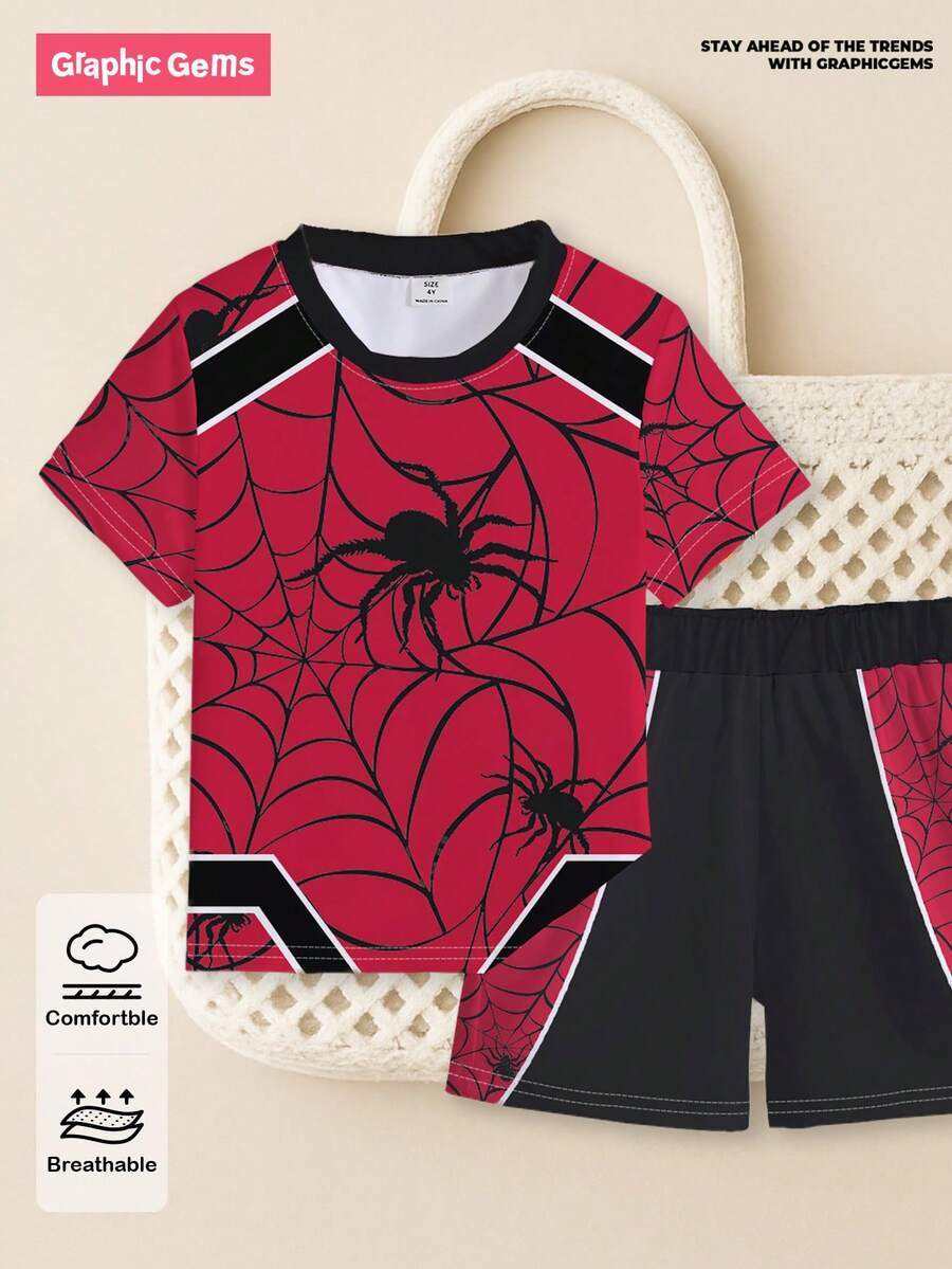 SHEIN GraphicGems 1 Bộ đồ bơi liền thân tay ngắn cổ tròn họa tiết mạng nhện và lưới nhện cho bé trai, thích hợp mặc ngoài trời, chơi thể thao, đi học vào mùa xuân/hè - Nhiều màu - Xem 1