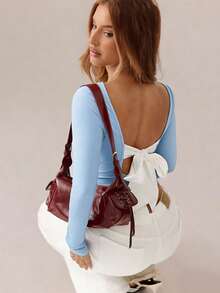 SHEIN SXY Black Top;Women's Sexy Contrasting Lace-Up Backless Slim-Fit T-Shirt; Women's Round Neck Long-Sleeved Solid Black Slim-Fit Bow Top, Suitable For Dating, Young And Sexy, Daily Outing, Autumn Clothing, Daily Dating Travel Wear; Daily Outing Office Wear - Blue - View 2