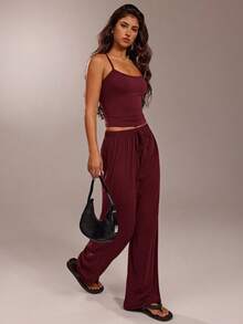 SHEIN Forever 21 休闲度假宽松上衣和裤子套装 - 酒紅色 - 查看 6