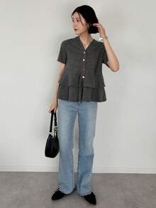 FRIFUL Women's Solid Color Textured Fabric Short Sleeve Pleated Ruffle Hem Loose Casual Versatile T-Shirt, Spring/Summer - Grey - View 6