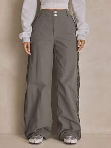 MUSERA Low Rise Wide Leg Side Buckle And Stripe Cargo Trousers Summer, Sporty, Casual, Day, Streetstyle, Streetwear - Dark Green - View 2