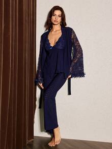 SHEIN 3pcs Women's Sleepwear Set: Embroidered Floral Mesh Camisole, Pants, And Robe - Navy Blue - View 4