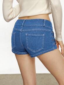 Women's Casual Everyday Wear Pocketed Button Denim Shorts - Medium Wash - View 2