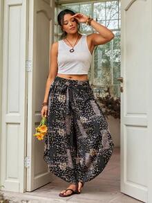 Freevana 大码女式印花弹力腰带系带不对称下摆长裤度假装 - 彩色 - 查看 7