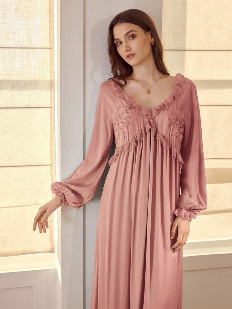 FLORAL EMBROIDERY RUFFLE TRIM SLEEP DRESS