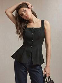 BizChic New Spring/Summer Black Square Neck Front Open Metal Rhinestone Decor Vest, Versatile For Layering, Y2K, Office, Business, Social Occasions - Black - View 2