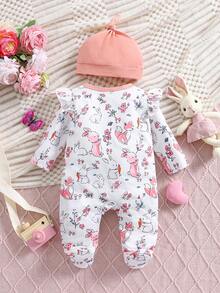 新生女婴春夏针织圆领拼接动物图案连帽袖连脚连体衣 - 彩色 - 查看 2