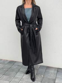 Jeta Ari 复古翻领单排扣长袖皮夹克女款，高腰系带开衫风衣，秋季女装黑色皮质风衣 - 黑色 - 查看 3