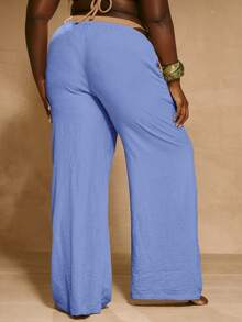 MUSERA Plus Size Mid Rise Wide Leg Drawstring Waist Trousers Vacation Beachwear Elegant Holiday Cute Summer Casual - Dusty Blue - View 4