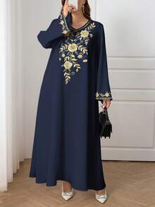 Al Najma 大码女式休闲印花V领长袖阿拉伯风格长裙 - 彩色 - 查看 3