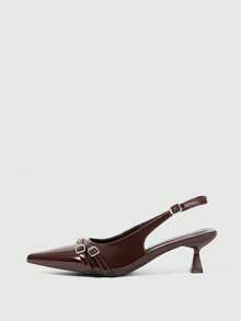 Sleekvia Women's Pointed Toe Kitten Heel Slingback Spring/Autumn Patent Leather Pumps, Wine Red For Christmas Valentine's Day - Coffee Brown - View 10