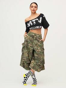 MTV | SHEIN 1双柔软透气吸湿休闲女士中筒袜，时尚可爱卡通白色船袜，加固趾部和后跟，经久耐穿，四季皆宜，夏季冬季百搭，图案袜子，甜美简约休闲运动款 - 黑與白 - 查看 6