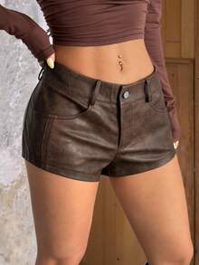 SHEIN PETITE Quần short da giả cạp thấp kiểu retro gợi cảm dành cho nữ - màu nâu - Xem 5
