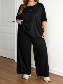 SHEIN CURVE+ 加大码黑色纹理针织上衣+宽松阔腿裤两件套，女士舒适休闲两件套 - 黑色 - 查看 4