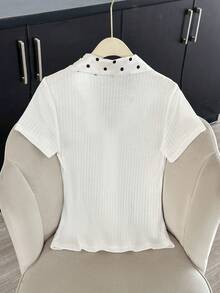 GlowEve 女士波点蝴蝶结拼接罗纹针织修身T恤 - 白色 - 查看 2