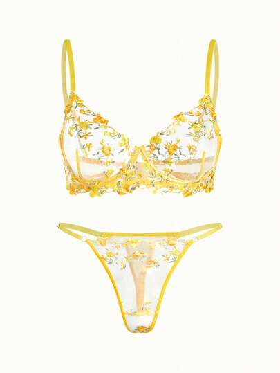 Bonmuse 性感女士花卉刺绣透明贴身两件套内衣套装，浪漫蜜月睡衣，狂野