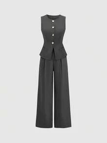 Sweetra Bộ vest đen một hàng khuy và quần ống rộng xếp ly. - Màu xám đen - Xem 3