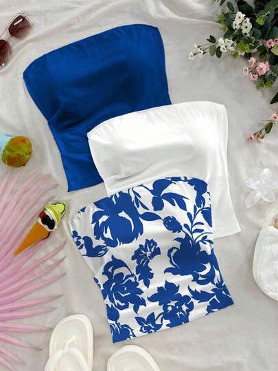 Soleia 3pcs Plus Size Women Sexy Blue & White Floral Print Slim Strapless Tops Set, Casual Daily Versatile For Date, Afternoon Tea, Beach, Cruise, City Vacation, Suitable For All Seasons, Wedding, Beach, Spring/Summer Vacation, Cruise, Island Vacation, Music Festival, Boho Vacation
