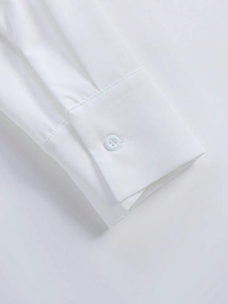 EMERY ROSE Women's Solid Color Button Pleated Elegant Fashion Long Sleeve Blouse - White - View 5