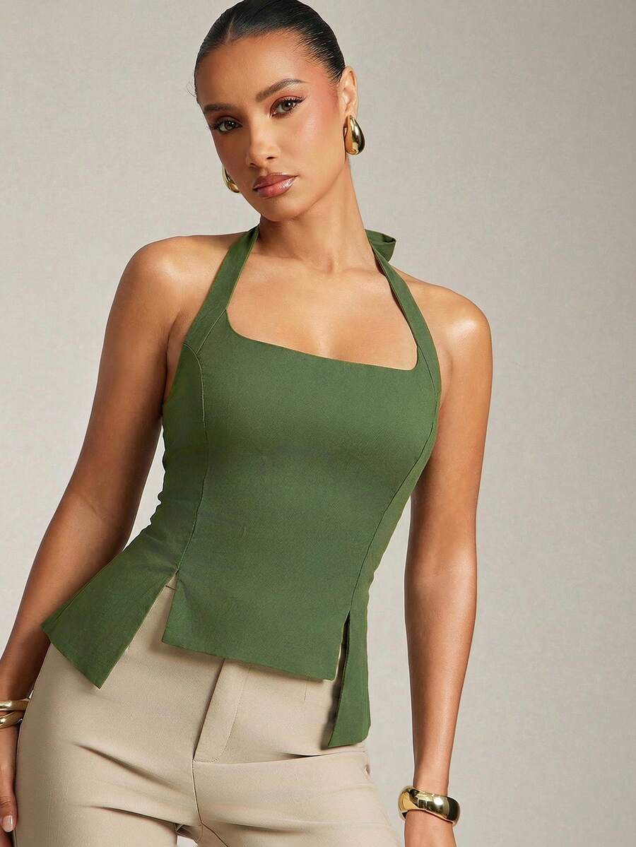 Hauture Women's Scoop Sexy Neck Office Casual Fitted Stretch Top With Adjustable Back Tie - Army Green - View 1