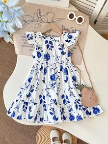 SHEIN Playful Pals 1件少女白色仙女風優雅花卉印花飛袖鏤空露背蝴蝶結腰部荷葉邊迷你洋裝，適合夏季家庭度假出遊穿搭 - 藍色 - 查看 3