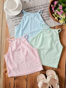 SHEIN 3件組：純色與條紋針織無袖上衣，粉色夏季少女上衣，可愛春季女孩服飾套裝，少女上衣 - 彩色 - 查看 5