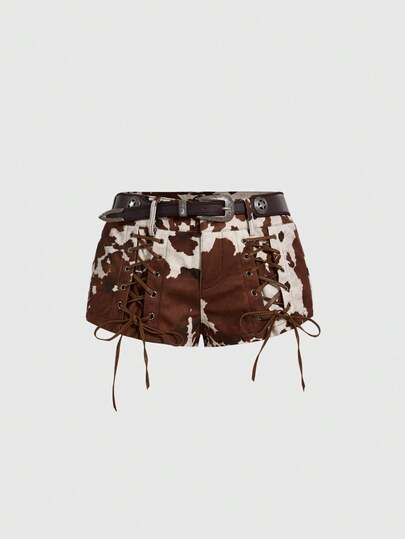 ROMWE Hippie 复古音乐节狂野西部牛仔女郎动物纹麂皮短裤，配腰带和系带