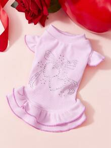 粉色水钻小狗印花宠物连衣裙 - 荷叶边袖狗狗套装，适合小型犬和猫咪的可爱夏季公主裙 - 粉色 - 查看 2