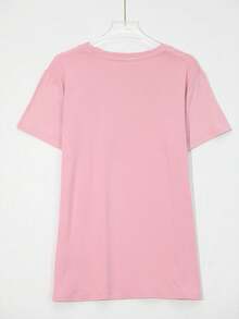 EMERY ROSE Camiseta gráfica de manga corta con cuello redondo y estampado de corazón y letras para mujer de talla grande, casual vintage para uso diario, primavera y otoño - Rosa - Ver 2
