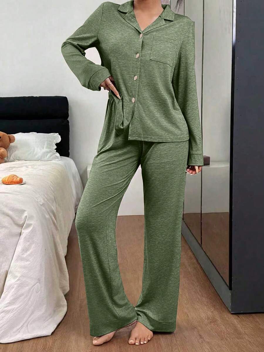 SHEIN 女士宽松舒适针织领长袖睡衣套装 - 綠色 - 查看 1