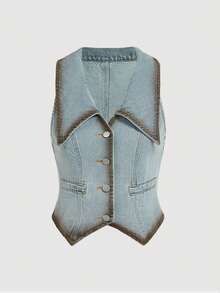 SHEIN MOD 女士休闲牛仔背心，翻领单排扣 - 藍色 - 查看 1