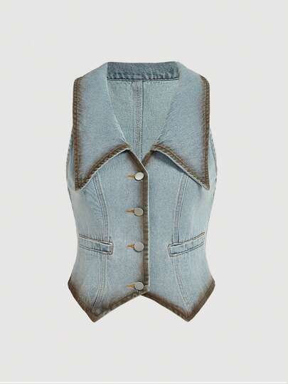 SHEIN MOD 女士休闲牛仔背心，翻领单排扣