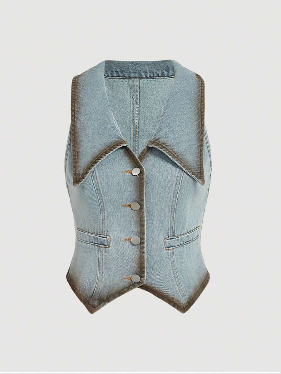SHEIN MOD 女士休闲牛仔背心，翻领单排扣 - 藍色 - 查看 1