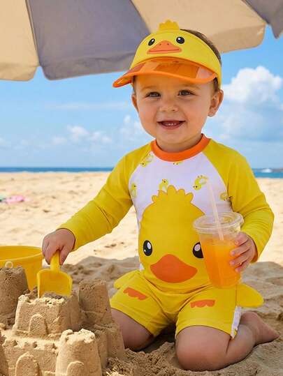 SHEIN Bubblio Baby Boy/Girl Cute Patchwork Contrast Color Duck Design Long Sleeve Rash Guard Swimsuit, Suitable For Beach, Swimming, Summer Baby Duck Swimsuit Baby Boy Beach Swimming Wear Yellow Long Sleeve Bathing Suit With Hat Baby Boy Swim Wear