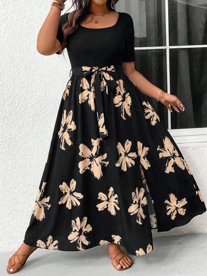 SHEIN Frenchy Plus Size Solid Color Leopard Patchwork Simple Daily Short Sleeve Dress For Women Fall Clothes