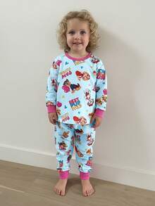 SHEIN | PAW Patrol 两件套女童卡通小狗印花圆领插肩袖上衣和裤子舒适弹力睡衣套装 - 藍色 - 查看 8