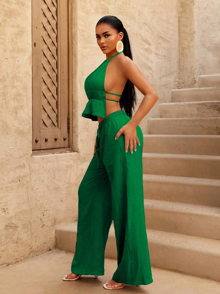 Sirith 2pcs Women Summer Vacation Solid Color Halter Backless Tie Top And Pants Set , Summer Clothes  , Summer Outfits For Women , Summer Outfits  ,  Summer Outfit For Women ,Vacation Outfits Women Green Two Piece Set Vacation Outfits Women 2 Piece Set Halter Top Two Piece Set Green Two Piece Set Women - Green - View 5
