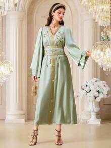 Al Najma Women's V-Neck Beaded Floral Pattern Cinching Waist Design Elegant Cinched Waist Arabic Style Dress - Green - View 4