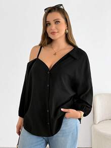 Shapeblank 大码女式春夏时尚休闲宽松舒适日常百搭显瘦黑色纽扣衬衫，春季简约风，欧洲夏季黑色衬衫，春夏圣帕特里克节女式优雅复活节衬衫 - 黑色 - 查看 3