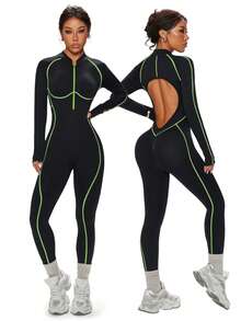 Dewbera Seamless High Elasticity Fitness Jumpsuit, Long Sleeve & Long Pants With Zipper - Black - View 2