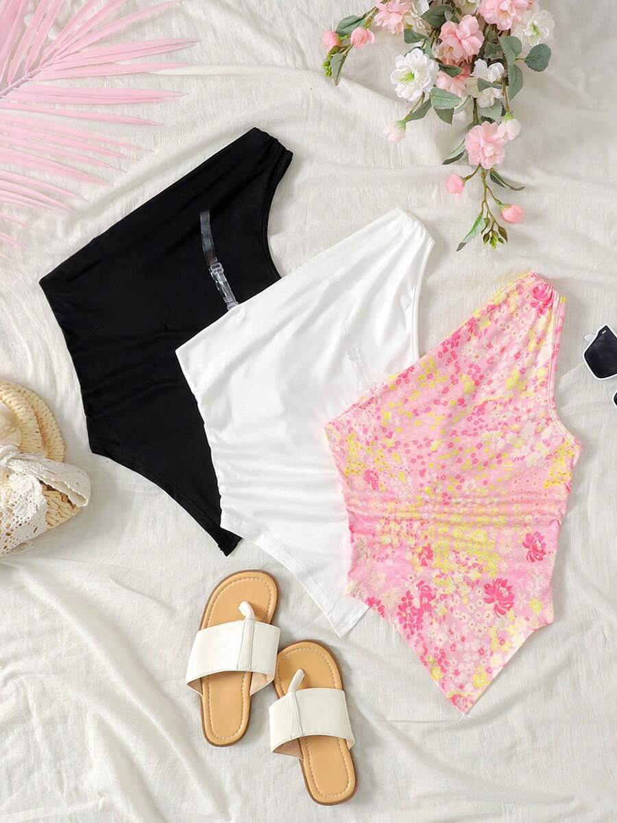 SHEIN 3pcs Tween Girls' Casual Minimalist Comfortable Asymmetric Hem Camisole Set Summer Girls Clothes Tube Top Set Summer Summer Tops - Baby Pink - View 1