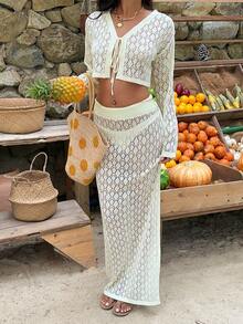 Sunnyshic Women's Sexy Hollow Floral Pattern Long Sleeve Cardigan And Hollow Maxi Skirt Knit Sweater 2-Piece Set, Spring/Summer - Yellow - View 3