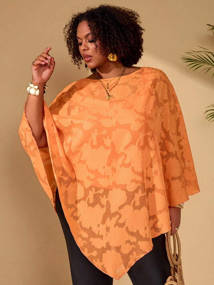 Plus Size Women's Summer Casual Vacation Asymmetrical Poncho Shawl Solid Color Floral Blouse, Holiday,Spring Break,Vacation,Going Out,2026 New,Simple And Fashionable For Everyday Wear,Casual Vacation Boho Top,Orange Plus Size Top