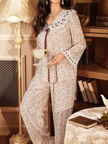 SHEIN Conjunto de pijama holgado de manga larga con bordado floral diminuto y estilo vintage para mujeres - Multicolor - Ver 6